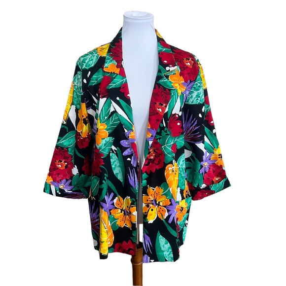 Vintage Jackets & Blazers - Vintage 80s Orare Womens L Floral Colorful Bright Open Front Blazer Made In USA